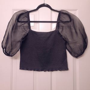Black puff sleeved shirred crop top - Size Large